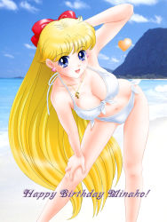Rule 34 | 1girl, aino minako, arm behind head, beach, bent over, bikini, bishoujo senshi sailor moon, blonde hair, blue eyes, blue sky, blush, bow, breasts, cleavage, day, earrings, hair bow, half updo, happy birthday, heart, heart earrings, jewelry, large breasts, long hair, mountain, navel, necklace, ocean, open mouth, outdoors, pendant, photo background, red bow, revision, side-tie bikini bottom, sky, smile, solo, swimsuit, twkr (suguro-m), venus symbol, very long hair, white bikini