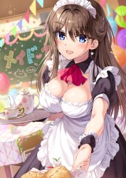 Rule 34 | 1girl, alternate costume, apron, ascot, balloon, black coat, black dress, blue eyes, blurry, blurry background, boku no kanojo sensei, breasts, brown hair, chair, chalkboard, classroom, cleavage, cleavage cutout, clothing cutout, coat, collar, commentary, cup, depth of field, detached sleeves, dress, earrings, enmaided, food, frilled collar, frilled cuffs, frills, fujiki maka, half updo, highres, holding, holding plate, holding tray, indoors, jewelry, large breasts, long dress, long hair, looking at viewer, maid, maid apron, maid headdress, open mouth, oryo (oryo04), plate, puffy short sleeves, puffy sleeves, red ascot, saucer, school chair, short sleeves, smile, solo, spoon, standing, string of flags, table, teacup, teapot, tray, white apron, wing collar