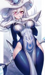 Rule 34 | 1girl, blue bodysuit, bodysuit, breasts, collar, commentary request, finger to mouth, gloves, hair over one eye, hat, highres, hip vent, holding, holding staff, large breasts, long hair, looking at viewer, pelvic curtain, pink eyes, poifuru, silent magician, solo, staff, studded collar, upper body, white gloves, white hair, witch hat, yu-gi-oh!