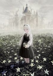Rule 34 | 1girl, absurdres, arch, black bow, black dress, black neckwear, bow, cathedral, cross, dress, fantasy, female focus, field, flower, flower field, fog, hairband, highres, holding, holding flower, lily (flower), long hair, looking at viewer, original, overcast, sky, smokestack, solo, standing, tower, twitter username, white hair, windmill, yuzusuke10