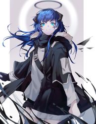Rule 34 | 1girl, absurdres, arknights, bankongping, black gloves, black jacket, blue eyes, blue hair, commentary, cowboy shot, fur-trimmed jacket, fur trim, gloves, halo, highres, horns, jacket, long hair, long sleeves, looking at viewer, mostima (arknights), open clothes, open jacket, shirt, single glove, smile, solo, standing, symbol-only commentary, white shirt