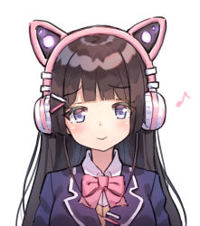 Rule 34 | 1girl, 5ya, :&lt;, animal ear headphones, animal ears, blue eyes, blunt bangs, blush, bow, bowtie, brown hair, cat ear headphones, closed mouth, collared shirt, fake animal ears, hair ornament, hairclip, headphones, highres, jacket, looking at viewer, musical note, nijisanji, pink bow, pink bowtie, purple jacket, shirt, simple background, solo, tsukino mito, tsukino mito (1st costume), upper body, vest, virtual youtuber, white background, white shirt, wing collar