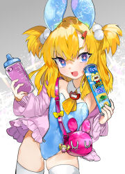 Rule 34 | 1girl, :d, aano (10bit), absurdres, bag, bare shoulders, blonde hair, blue eyes, blue leotard, carrot hair ornament, cellphone, collar, detached collar, fang, food-themed hair ornament, frilled jacket, frills, grey background, hair between eyes, hair ornament, highres, holding, holding phone, jacket, leotard, long hair, long sleeves, looking at viewer, off shoulder, open clothes, open jacket, open mouth, original, phone, pink jacket, playboy bunny, pringles, puffy long sleeves, puffy sleeves, shoulder bag, sleeves past wrists, smile, solo, star-shaped pupils, star (symbol), strapless, strapless leotard, symbol-shaped pupils, thick eyebrows, thighhighs, two side up, very long hair, white background, white collar, white thighhighs, wing collar