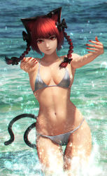 Rule 34 | 1girl, animal ears, bikini, bow, braid, breasts, cat tail, chromatic aberration, collarbone, female focus, gluteal fold, hair bow, kaenbyou rin, looking at viewer, minami koyogi, nail polish, navel, partially submerged, photo background, red eyes, red hair, small breasts, smile, solo, splashing, standing, swimsuit, tail, thigh gap, touhou, twin braids, wading, water