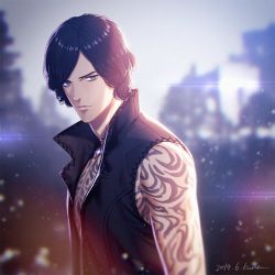 Rule 34 | 1boy, arm tattoo, bare shoulders, black hair, blue eyes, devil may cry (series), devil may cry 5, full-body tattoo, high collar, jewelry, kuren, male focus, necklace, solo, tattoo, v (devil may cry), vest, wavy hair