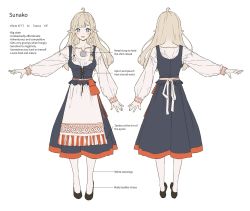 Rule 34 | 1girl, ahoge, blonde hair, braid, breasts, character sheet, commentary, dress, elf, english commentary, english text, fictional persona, full body, highres, long hair, long sleeves, looking at viewer, medium breasts, multiple views, open mouth, original, pantyhose, pointy ears, shoes, simple background, sunako (veera), twin braids, white background