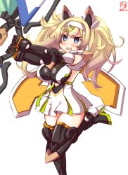 Rule 34 | 1girl, alternate costume, animal ears, artist logo, black footwear, black gloves, blonde hair, blue eyes, boots, breasts, cat ears, commentary request, cosplay, dated, dress, gambier bay (kancolle), gene (pso2), gene (pso2) (cosplay), gloves, hairband, highres, kanon (kurogane knights), kantai collection, large breasts, look-alike, open mouth, phantasy star, phantasy star online 2, shield, simple background, solo, thigh boots, thighhighs, twintails, white background, white dress