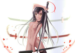 Rule 34 | &gt;:|, 1girl, :|, absurdres, arm up, black hair, black thighhighs, blade, breasts, circlet, closed mouth, eyebrows, gradient background, highres, katana, letterboxed, long hair, nipples, nude, original, revision, sheath, silhouette, small breasts, solo, sword, thighhighs, v-shaped eyebrows, wangchuan de quanyan, weapon, yellow eyes
