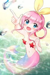 Rule 34 | 1girl, :d, arm up, bare arms, bare shoulders, beach, blue eyes, blurry, blurry background, blurry foreground, blush, breasts, collarbone, day, depth of field, hair between eyes, hair ribbon, hair rings, index finger raised, mermaid, monster girl, monsterification, mugi (iccomae), navel, open mouth, outdoors, pink hair, ribbon, sand, sherlock shellingford, sidelocks, small breasts, smile, solo, starfish, tantei opera milky holmes, twitter username, water, water drop, yellow ribbon