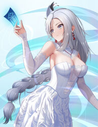 Rule 34 | 1girl, alternate costume, blue background, breasts, commentary, cowboy shot, dealesis, detached sleeves, dress, earrings, genshin impact, grey eyes, grey hair, hair ornament, hand up, head tilt, highres, holding, jewelry, large breasts, long hair, ofuda, shenhe (genshin impact), solo, standing, strapless, strapless dress, very long hair, white dress