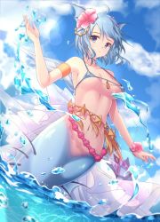Rule 34 | 1girl, ahoge, armband, beads, blue eyes, blue hair, blue sky, bra, bracelet, breasts, cloud, day, doc.lnn, dutch angle, fins, flower, flower bracelet, hair beads, hair flower, hair ornament, hand up, head fins, hibiscus, jewelry, lens flare, looking at viewer, matching hair/eyes, medium breasts, mermaid, micro bra, midriff, monster girl, navel, partially submerged, short hair, sky, smile, solo, splashing, star (symbol), striped bra, striped clothes, touhou, underwear, wakasagihime, water