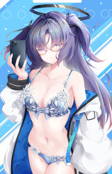 Rule 34 | 1girl, absurdres, bespectacled, blue archive, blue bra, blue panties, blush, bow, bow bra, bra, breasts, cleavage, collarbone, glasses, half-closed eyes, halo, highres, holding, holding phone, jacket, large breasts, looking at phone, multicolored clothes, multicolored jacket, navel, no pants, no shirt, panties, phone, purple eyes, purple hair, red-framed eyewear, semi-rimless eyewear, solo, toto tony, two-tone jacket, two side up, under-rim eyewear, underwear, yuuka (blue archive)
