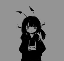 Rule 34 | 1girl, @ @, closed mouth, clothes writing, expressionless, grey background, greyscale, hood, hood down, hoodie, jean bomjan, looking at viewer, medium hair, monochrome, original, short twintails, simple background, solo, straight-on, twintails, upper body