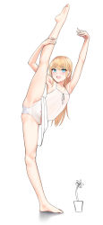 Rule 34 | 1girl, absurdres, aqua eyes, armpits, arms up, blonde hair, blush, bow, bow panties, dress, feet, flat chest, full body, highres, kanzaki muyu, kneepits, leg lift, leg up, long hair, looking at viewer, open mouth, original, panties, simple background, smile, solo, spaghetti strap, split, spread legs, standing, standing on one leg, standing split, toes, underwear, white background, white dress, white panties