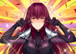 Rule 34 | 1girl, armor, blush, bodysuit, breasts, double v, emotional engine - full drive, fate/grand order, fate (series), hair between eyes, hair intakes, large breasts, long hair, looking at viewer, okitakung, pauldrons, purple bodysuit, purple hair, red eyes, scathach (fate), shoulder armor, solo, sparkle, v, yellow background