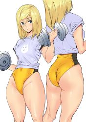 Rule 34 | 1girl, adapted costume, alternate costume, ashiomi masato, ass, blonde hair, blue eyes, cowboy shot, dumbbell, exercising, from behind, guilty gear, guilty gear xrd, highleg, highleg leotard, leotard, looking at viewer, millia rage, multiple views, no pants, shirt, simple background, skindentation, standing, swept bangs, t-shirt, thighs, weightlifting, weights, white background