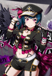 Rule 34 | 1girl, alternate hairstyle, belt, black gloves, black wings, blue hair, bracelet, breasts, choker, cleavage, collarbone, cropped jacket, cross-laced clothes, earrings, facial mark, feathered wings, fingerless gloves, frilled sleeves, frills, garter straps, gloves, graffiti, hat, hat feather, highres, jewelry, looking at viewer, love live!, love live! school idol festival, love live! sunshine!!, navel, plaid cape, purple eyes, shiimai, short shorts, shorts, side ponytail, side slit, single glove, single wing, small breasts, smile, solo, star (symbol), studded belt, tsushima yoshiko, waist cape, wings