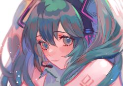 1girl aqua_hair arm_tattoo artist_name blue_eyes blurry blush closed_mouth collared_shirt commentary grey_shirt hair_between_eyes hatsune_miku headset highres looking_at_viewer number_tattoo oyakorodesu shirt sleeveless sleeveless_shirt solo tattoo twintails vocaloid white_background