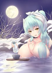 Rule 34 | 1girl, alcohol, alternate breast size, bad id, bad pixiv id, bare shoulders, bathing, blush, breasts, cup, dragon girl, fate/grand order, fate (series), full moon, green hair, hair over breasts, hair over one breast, highres, horns, in water, kiyohime (fate), large breasts, long hair, looking at viewer, moon, nude, onsen, sake, snow, sweat, tongue, tongue out, tree, water, winter, yellow eyes