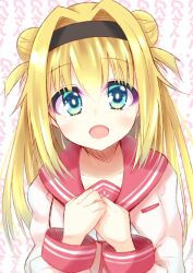 Rule 34 | 1girl, :d, black hairband, blonde hair, blue eyes, blush, chitose sana, collarbone, colored eyelashes, commentary request, double bun, eyes visible through hair, hair between eyes, hair bun, hair intakes, hairband, kyouno komatsu, long hair, long sleeves, looking at viewer, one-hour drawing challenge, open mouth, own hands together, pink shirt, red sailor collar, sailor collar, school uniform, serafuku, shirt, simple background, smile, solo, straight-on, tenshinranman, two side up, upper body, white background