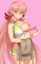 Rule 34 | 10s, 1girl, ahoge, akashi (kancolle), apron, bare arms, bare shoulders, bikini, bikini pull, blush, breasts, clothes pull, collarbone, cowboy shot, dildo, green bikini, green eyes, green ribbon, hair between eyes, hair ribbon, heart, holding, holding clothes, kantai collection, large breasts, lips, long hair, medium breasts, multicolored bikini, multicolored clothes, nipples, nose blush, one breast out, parted lips, pink background, pink hair, poco (backboa), pulled by self, red ribbon, ribbon, sex toy, side-tie bikini bottom, signature, simple background, smile, solo, standing, straight hair, sweat, swimsuit, tress ribbon, unaligned breasts, very long hair