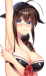 Rule 34 | 10s, 1girl, adapted costume, ahoge, arm up, armpits, bad id, bad twitter id, bikini, black bikini, blue eyes, blush, braid, breasts, brown hair, closed mouth, collarbone, embarrassed, hair between eyes, hair flaps, highres, kantai collection, large breasts, lips, long hair, looking at viewer, ntk (7t5), shigure (kancolle), shigure kai ni (kancolle), shiny clothes, simple background, single braid, solo, swimsuit, upper body, white background