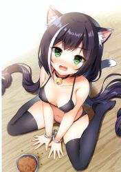 Rule 34 | 1girl, absurdres, animal ear fluff, animal ears, bare arms, bare shoulders, bdsm, bell, between legs, black bra, black choker, black hair, black panties, black thighhighs, blush, bowl, bra, breasts, cat ears, cat girl, cat tail, choker, collarbone, cuffs, fang, from above, green eyes, hand between legs, handcuffs, highres, jingle bell, karyl (princess connect!), long hair, looking at viewer, looking up, low twintails, mauve, medium breasts, multicolored hair, navel, neck bell, open mouth, panties, pet bowl, princess connect!, ringlets, scan, sitting, solo, spoken squiggle, squiggle, streaked hair, tail, tears, thighhighs, twintails, underwear, very long hair, wariza, white hair