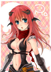 Rule 34 | 1girl, :3, armor, assassin cross (ragnarok online), bat wings, black gloves, black leotard, black wings, blue eyes, blush, border, breasts, commentary, demon horns, elbow gloves, gloves, hair between eyes, head wings, horns, kainohito, leotard, long hair, looking to the side, medium breasts, navel, open mouth, pauldrons, pink background, plaid, plaid background, ragnarok online, red hair, red scarf, revealing clothes, scarf, shoulder armor, solo, torn clothes, torn scarf, upper body, vambraces, white border, wings
