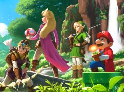 Rule 34 | 2boys, 2girls, arrow (projectile), bag, blonde hair, blue eyes, boots, bow (weapon), brown hair, coat, commentary, creator connection, crossover, english commentary, facial hair, fire flower, forest, gloves, highres, knee boots, link, long hair, mario, mario (series), master sword, mauricio abril, multiple boys, multiple girls, mushroom, mustache, nature, nintendo, outdoors, parody, pointy ears, princess peach, princess zelda, quiver, shield, shield on back, short hair, style parody, super mushroom, super smash bros., sword, the legend of zelda, tiara, tunic, warp pipe, water, waterfall, weapon