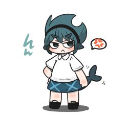 Rule 34 | 1girl, alternate costume, alternate hairstyle, anger vein, black footwear, black hairband, blue eyes, blue hair, blue skirt, blush, closed mouth, collared shirt, commentary request, fins, fish tail, fuka-chan, full body, hairband, hand on own hip, highres, looking at viewer, original, shadow, shark tail, shirt, shoes, short eyebrows, short sleeves, simple background, skirt, solo, spoken anger vein, standing, tail, thick eyebrows, uni souchou, white background, white shirt