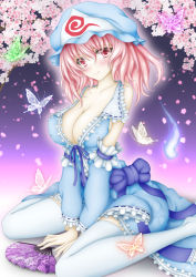 Rule 34 | 1girl, arm warmers, blush, branch, breasts, bug, butterfly, cherry blossoms, cleavage, female focus, folding fan, gradient background, hand fan, hat, highres, hitodama, insect, large breasts, long sleeves, looking at viewer, looking to the side, petals, pink eyes, pink hair, saigyouji yuyuko, short hair, sitting, smile, solo, sturm (arowana kingyo), thighhighs, touhou, triangular headpiece, v arms, wariza, white thighhighs