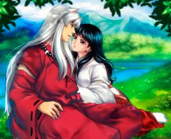 Rule 34 | 1boy, 1girl, animal ears, black hair, blurry, claws, couple, depth of field, dog ears, fingernails, grass, hetero, higurashi kagome, imminent kiss, inuyasha, inuyasha (character), japanese clothes, kay-i, leaf, long fingernails, long hair, miko, mountain, nature, outdoors, parted lips, silver hair, sitting, wide sleeves