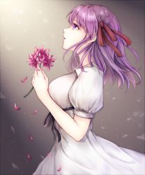 Rule 34 | 1girl, akira (aky-la), artist name, black ribbon, breasts, commentary, dress, fate/stay night, fate (series), flower, hair ribbon, highres, holding, holding flower, light, light particles, long hair, looking away, looking up, matou sakura, medium breasts, official alternate costume, open mouth, petals, pink flower, purple eyes, purple hair, red ribbon, ribbon, short sleeves, solo, upper body, white dress