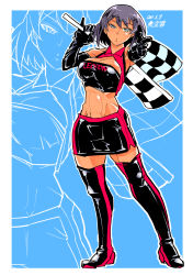 Rule 34 | 1girl, absurdres, artist name, black footwear, black gloves, black shirt, black skirt, boots, breasts, brown hair, checkered flag, cleavage cutout, closed mouth, clothes writing, clothing cutout, commentary, crop top, dark-skinned female, dark skin, dated, elbow gloves, english text, flag, full body, girls und panzer, gloves, green eyes, groin, half-closed eyes, high heel boots, high heels, highres, holding, holding behind back, holding flag, hoshino (girls und panzer), large breasts, looking at viewer, midriff, miniskirt, navel, holding behind back, one-hour drawing challenge, outline, pencil skirt, pointing, pointing at viewer, race queen, shinkuukan (tetsuo3), shirt, short hair, skirt, solo, standing, thigh boots, thighhighs, white outline, zoom layer