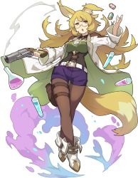 Rule 34 | 1girl, animal ear fluff, animal ears, arm up, artist request, belt, blonde hair, blush, boots, breasts, brown-framed eyewear, brown pantyhose, bullet, cleavage, coat, corset, crossed legs, erlenmeyer flask, female focus, flare gun, flask, fox ears, fox girl, fox tail, full body, glasses, gun, half-closed eyes, handgun, highres, holding, holding gun, holding weapon, holster, lab coat, large breasts, light blush, liquid, long hair, long sleeves, looking at viewer, non-web source, official art, open clothes, open coat, open mouth, orange eyes, pantyhose, purple shorts, renoir (world flipper), semi-rimless eyewear, shirt, short shorts, shorts, sidelocks, simple background, smoke, smoking barrel, solo, standing, tail, test tube, thigh holster, thigh strap, transparent background, two-sided coat, two-sided fabric, v-shaped eyebrows, watson cross, weapon, white coat, white footwear, world flipper
