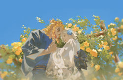 Rule 34 | 1boy, 1girl, blonde hair, blue flower, blue kimono, blue sky, closed eyes, closed mouth, couple, fence, flower, forked eyebrows, from below, hair flower, hair ornament, hand on another&#039;s cheek, hand on another&#039;s face, hetero, highres, hitotaba, japanese clothes, kimetsu no yaiba, kimono, long hair, multicolored hair, parted bangs, red hair, rengoku kyoujurou, rose, short hair, silver hair, sky, two-tone hair, white kimono, yellow eyes, yellow flower, yellow rose