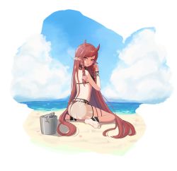 Rule 34 | 1girl, ankle cuffs, arknights, ass, back, barefoot, beach, bikini, black bikini, blue sky, blush, braid, breasts, bucket, cloud, cloudy sky, commentary, day, demon horns, fang, fish, from side, full body, furrowed brow, hane no momiji, highres, horns, long hair, looking at viewer, looking back, medium breasts, official alternate costume, open mouth, outdoors, pointy ears, red eyes, red hair, see-through, side-tie bikini bottom, side braids, sitting, sky, soles, solo, starfish hair ornament, string bikini, swept bangs, swimsuit, thigh strap, twin braids, very long hair, vigna (arknights), vigna (casual vacation) (arknights), wariza