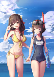 Rule 34 | &gt;:t, 2girls, :d, :t, alternate costume, arm grab, artist name, bikini, blush, bow, braid, breasts, brown hair, character name, closed mouth, cloud, covered navel, day, gluteal fold, goggles, goggles on head, hair bow, head tilt, highres, holding, j.xh, kono subarashii sekai ni shukufuku wo!, large breasts, lens flare, long hair, looking at another, megumin, multiple girls, navel, one-piece swimsuit, open mouth, outdoors, red bow, red eyes, school swimsuit, short hair with long locks, side-tie bikini bottom, signature, sky, small breasts, smile, snorkel, standing, swimsuit, thigh gap, v-shaped eyebrows, v over eye, water, water gun, yellow bikini, yunyun (konosuba)