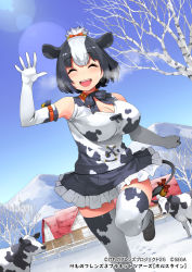 Rule 34 | 1girl, :d, ^ ^, animal, animal ears, animal print, bare shoulders, bare tree, bell, black hair, black skirt, blouse, breasts, breath, closed eyes, cold, collar, commentary request, copyright notice, cow, cow ears, cow girl, cow print, cow tail, day, detached collar, elbow gloves, extra ears, facing viewer, farm, foot out of frame, footprints, frilled skirt, frills, gloves, happa (cloverppd), holstein friesian cattle (kemono friends), kemono friends, kemono friends 3, kemono friends 3: planet tours, large breasts, lens flare, mountainous horizon, multicolored hair, official art, open mouth, outdoors, pleated skirt, print gloves, print shirt, print thighhighs, red ribbon, ribbon, running, shirt, short hair, skirt, sleeveless, sleeveless shirt, smile, snow, solo, tail, tail bell, tail ornament, tail ribbon, thighhighs, tree, two-tone hair, white hair, zettai ryouiki