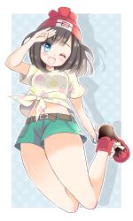 Rule 34 | 10s, 1girl, ;d, bare arms, bare legs, beanie, belt, belt buckle, black hair, blue eyes, blush, bracelet, breasts, buckle, creatures (company), eyebrows, eyelashes, floral print, from below, full body, game freak, green shorts, hat, jewelry, looking at viewer, looking down, medium breasts, midriff, navel, nintendo, one eye closed, open mouth, outline, outside border, panties, pantyshot, pokemon, pokemon sm, polka dot, polka dot background, print shirt, red footwear, red hat, salute, selene (pokemon), shadow, shirt, shoes, short hair, short sleeves, shorts, smile, solo, stigma1101, stomach, t-shirt, tied shirt, underwear, upshorts, upskirt, white panties