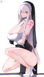 Rule 34 | 1girl, absurdres, bare legs, black dress, blue eyes, breasts, cleavage, detached collar, detached sleeves, dress, ear piercing, earrings, grey hair, heart, heart tattoo, high heels, highres, jewelry, large breasts, long hair, long sleeves, looking at viewer, original, parted lips, pelvic curtain, piercing, shoulder tattoo, signature, simple background, smile, solo, squatting, strapless, tattoo, veil, very long hair, white background, white footwear, yuzuki himuka