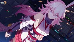 Rule 34 | 1girl, arm armor, breasts, chinese commentary, closed mouth, detached sleeves, fox mask, hair between eyes, hand on own stomach, highres, honkai (series), honkai impact 3rd, japanese clothes, large breasts, logo, long hair, mask, nail polish, official art, official wallpaper, pink hair, purple eyes, scarf, solo, sparkle, standing, v-shaped eyebrows, yae sakura, yae sakura (gyakushinn miko)