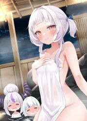 Rule 34 | 3girls, = =, blue hair, blunt bangs, blush, breasts, closed eyes, closed mouth, cocozasa, collarbone, covering privates, demon horns, gawr gura, hair bun, hair intakes, hand on own chest, highres, holding, holding towel, hololive, hololive english, horns, la+ darknesss, long hair, looking at viewer, multicolored hair, multiple girls, murasaki shion, naked towel, night, night sky, nude, nude cover, onsen, open mouth, outdoors, partially submerged, pointy ears, purple hair, rock, sidelocks, single hair bun, sitting, sky, small breasts, smile, solo focus, star (sky), starry sky, steam, streaked hair, sweat, thighs, towel, twintails, virtual youtuber, water, wet, white hair, yellow eyes