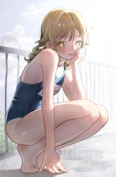 Rule 34 | 1girl, absurdres, barefoot, blue one-piece swimsuit, blue sky, brown eyes, cloud, commentary request, day, drill hair, highres, idolmaster, idolmaster cinderella girls, light brown hair, long hair, looking at viewer, morikubo nono, name connection, ningen mame, one-piece swimsuit, outdoors, puddle, ringlets, school swimsuit, sky, solo, squatting, swimsuit