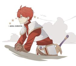 Rule 34 | 1boy, adol christin, ahoge, armor, breastplate, brown eyes, english text, from side, george man, gloves, highres, male focus, pauldrons, red hair, shoulder armor, solo, sword, weapon, ys