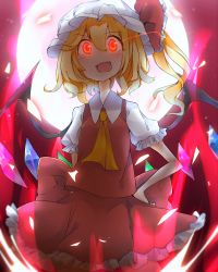 Rule 34 | 1girl, ascot, bad id, bad pixiv id, blonde hair, blush, collared shirt, dress shirt, eyebrows, flandre scarlet, frilled legwear, frilled skirt, frilled sleeves, frills, full moon, glowing, glowing eyes, hair between eyes, hand on own hip, hat, hat ribbon, mob cap, momotarou (4188momoko), moon, open mouth, puffy short sleeves, puffy sleeves, red eyes, red moon, ribbon, shards, shirt, short sleeves, side ponytail, skirt, skirt set, smile, solo, touhou, upper body, vest, white shirt, wings