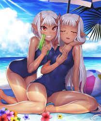 Rule 34 | 2girls, ass, bare legs, bare shoulders, beach, blush, breast press, breasts, brown eyes, child, closed eyes, covered erect nipples, curvy, dark-skinned female, dark skin, day, demon girl, fangs, female focus, flower, grabbing, happy, highres, horns, hug, lilith-soft, long hair, looking at viewer, looking back, multiple girls, nipples, one-piece swimsuit, oni horns, open mouth, pointy ears, shiny skin, short hair, siblings, sisters, sitting, sky, small breasts, sophie (taimanin asagi), sunlight, swimsuit, taimanin (series), taimanin asagi, taimanin asagi kessen arena, take your pick, twins, very long hair, water, water gun, white hair, yuphie (taimanin asagi), zol