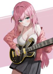 Rule 34 | 1girl, absurdres, bare shoulders, black skirt, blue eyes, bocchi the rock!, bra, breasts, cleavage, closed mouth, cowboy shot, electric guitar, fakey, gotoh hitori, guitar, highres, holding, instrument, jacket, large breasts, long hair, long sleeves, looking at viewer, off shoulder, one side up, open clothes, open jacket, pink hair, pink jacket, pleated skirt, skirt, solo, spaghetti strap, string bra, underwear, very long hair, white bra