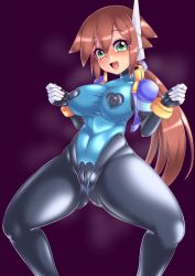 Rule 34 | 1girl, :d, ahegao, aile (mega man zx), blush, bodystocking, bodysuit, bracelet, breasts, brown hair, cameltoe, cleft of venus, covered erect nipples, covered navel, cropped jacket, green eyes, hair between eyes, impossible clothes, impossible leotard, jewelry, leotard, long hair, low ponytail, mega man (series), mega man zx, mega man zx advent, open mouth, ponytail, robot ears, semikichi, simple background, skin tight, smile, solo, spandex, spread legs, steaming body, taut leotard