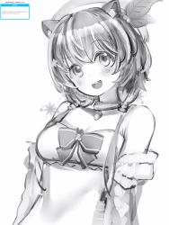 Rule 34 | 1girl, acorn, animal ears, ayunda risu, ayunda risu (1st costume), breasts, buck teeth, cleavage, collar, dress, fur collar, greyscale, hat, highres, hololive, hololive indonesia, leaf, low twintails, medium breasts, monochrome, nanashi (nlo), off shoulder, one-hour drawing challenge, open mouth, smile, solo, squirrel ears, squirrel girl, teeth, translation request, twintails, virtual youtuber